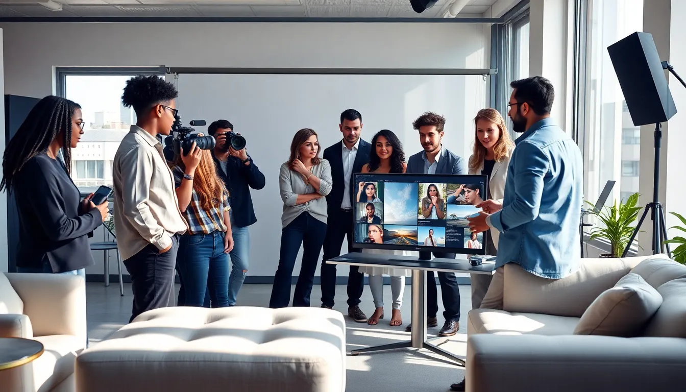 diverse photographers collaborating in a modern studio.